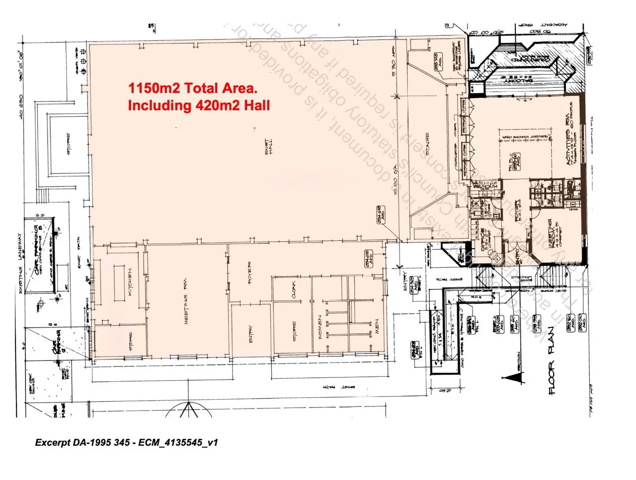 Annotated existing Community Hall floor plan showing the hall, stage, kitchen, meeting rooms and amenities.