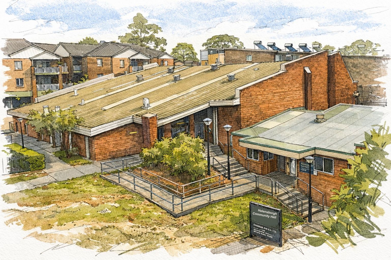 A brick community centre building with a sloped roof, ramp, and stairs at the entrance. Flats and trees are visible in the background. A sign reads "Helensburgh Community Centre.